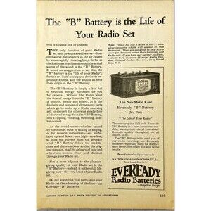 National Carbon Co. "Eveready Radio Batteries Life of Your Radio Set"Vtg Ad 1923